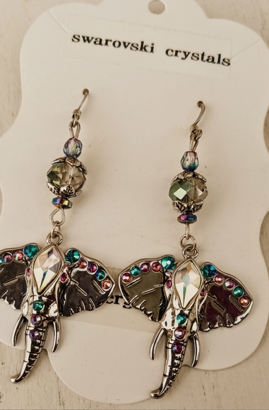 HP Elephant Metal Drop Earrings, With Real Crystals - Picture 2 of 7